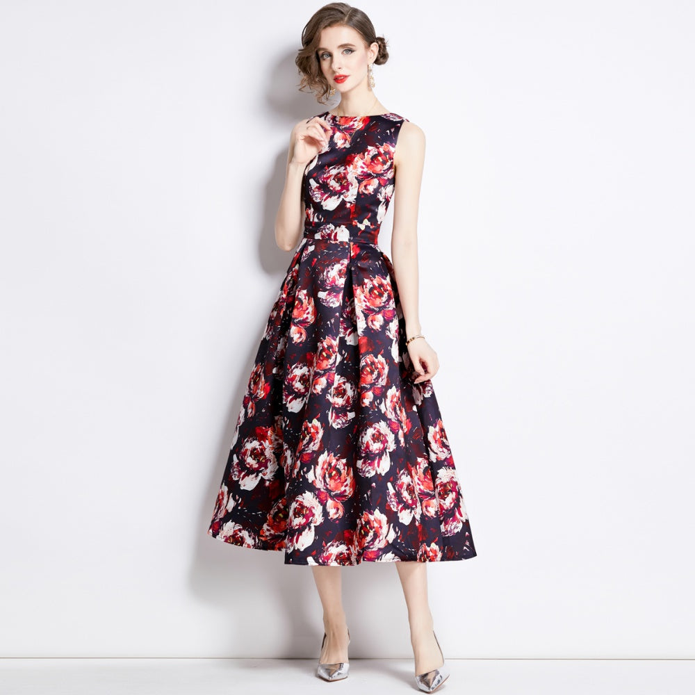 CM-DY003210 Women Elegant European Style Round Neck Sleeveless Pinched Waist Dress