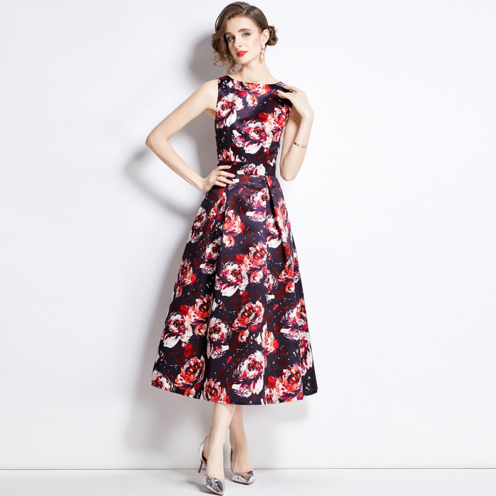 CM-DY003210 Women Elegant European Style Round Neck Sleeveless Pinched Waist Dress