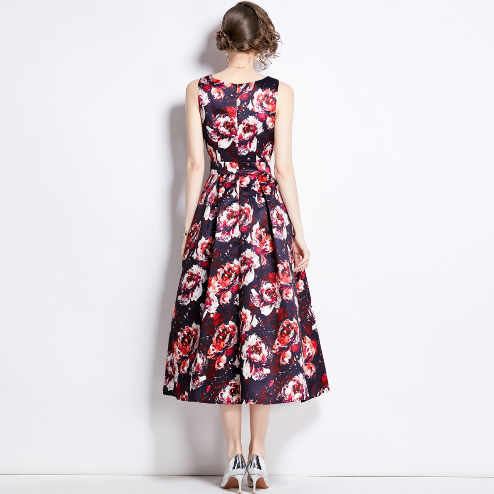 CM-DY003210 Women Elegant European Style Round Neck Sleeveless Pinched Waist Dress