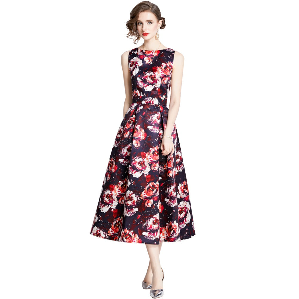 CM-DY003210 Women Elegant European Style Round Neck Sleeveless Pinched Waist Dress