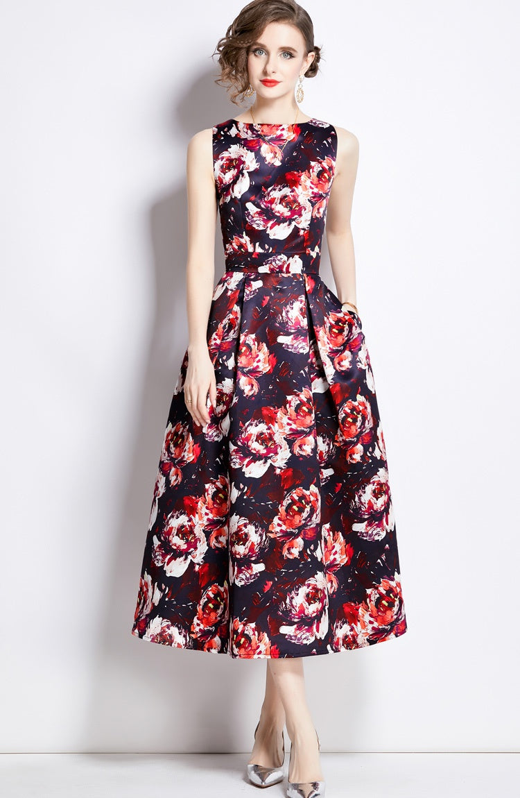 CM-DY003210 Women Elegant European Style Round Neck Sleeveless Pinched Waist Dress