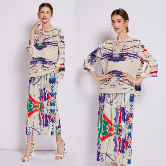 CM-SY003673 Women Elegant European Style Round Neck Long Sleeve Blouse With Long Pleats Skirt - Set