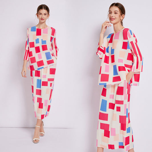 CM-SY003674 Women Elegant European Style Round Neck Long Sleeve Blouse With Long Pleats Skirt - Set