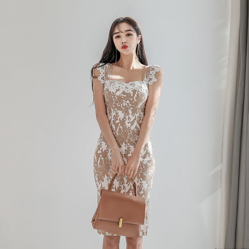 CM-DY003814 Women Elegant Seoul Style Square Collar Sleeveless Floral Print Dress