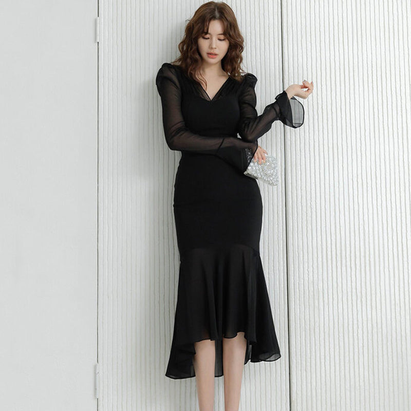 CM-DY004077 Women Elegant Seoul Style V-Neck Trumpet Sleeve Midi Dress - Black