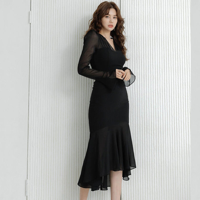 CM-DY004077 Women Elegant Seoul Style V-Neck Trumpet Sleeve Midi Dress - Black