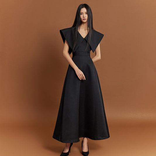 CM-DY004078 Women Elegant European Style Lapel Neckline Sleeveless Dress - Black