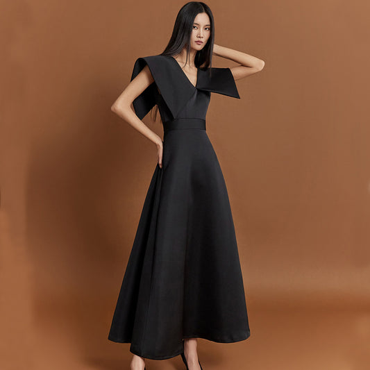 CM-DY004078 Women Elegant European Style Lapel Neckline Sleeveless Dress - Black