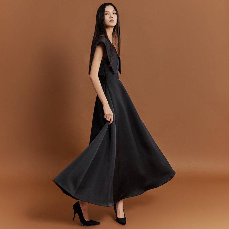 CM-DY004078 Women Elegant European Style Lapel Neckline Sleeveless Dress - Black