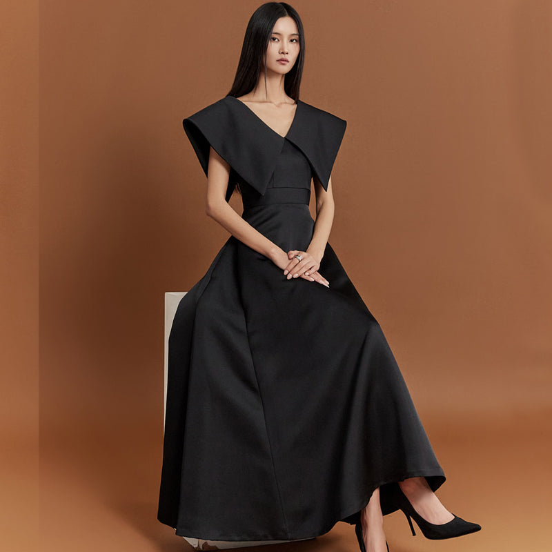CM-DY004078 Women Elegant European Style Lapel Neckline Sleeveless Dress - Black