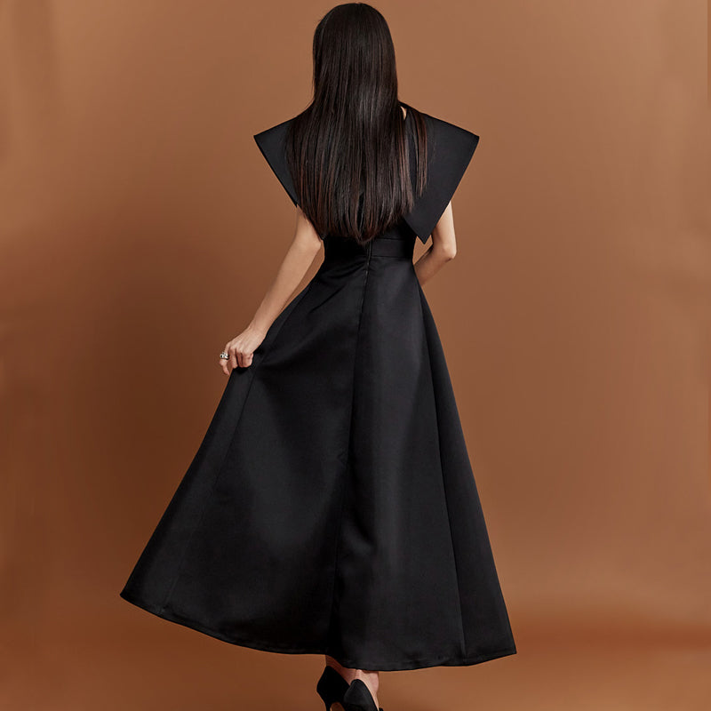 CM-DY004078 Women Elegant European Style Lapel Neckline Sleeveless Dress - Black