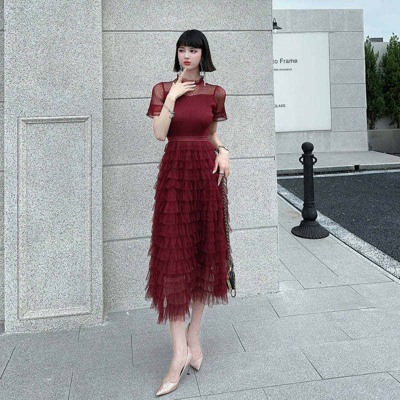CM-DY004123 Women Retro European Style Round Neck Short Sleeve Cake Gauze Maxi Dress