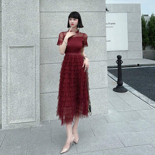 CM-DY004123 Women Retro European Style Round Neck Short Sleeve Cake Gauze Maxi Dress