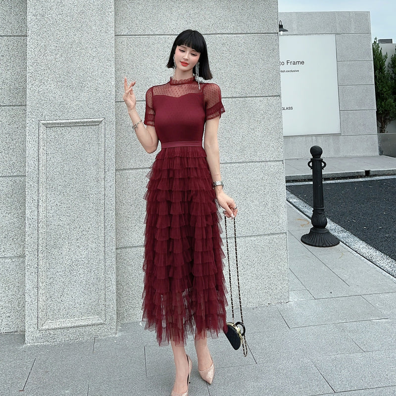 CM-DY004123 Women Retro European Style Round Neck Short Sleeve Cake Gauze Maxi Dress
