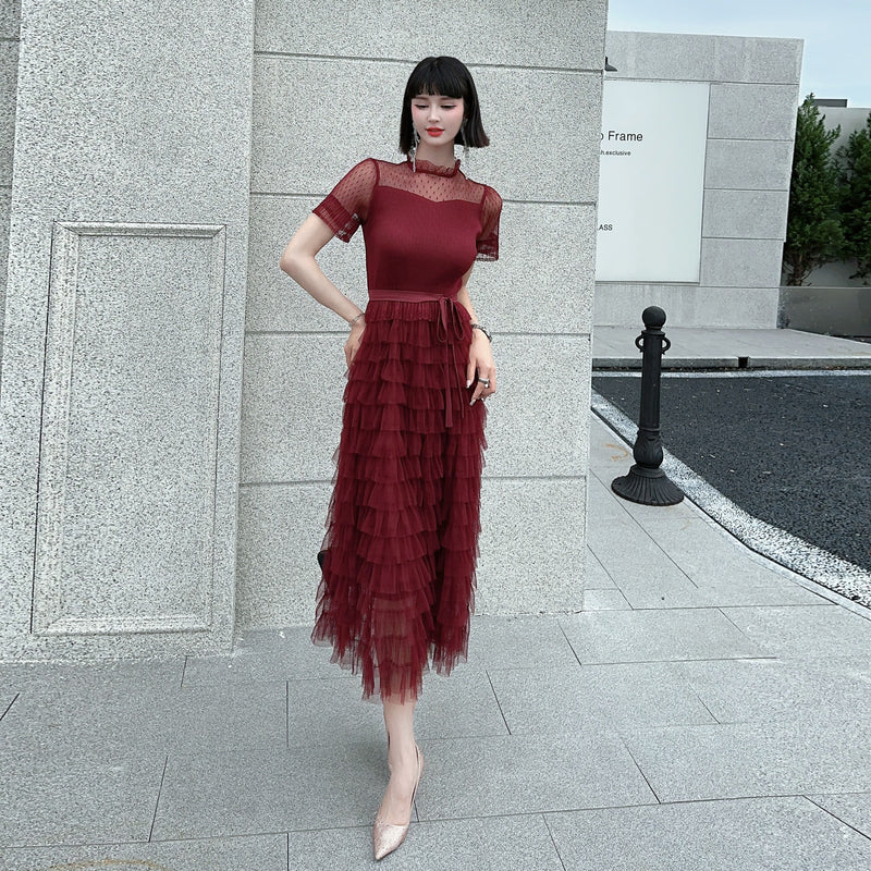 CM-DY004123 Women Retro European Style Round Neck Short Sleeve Cake Gauze Maxi Dress