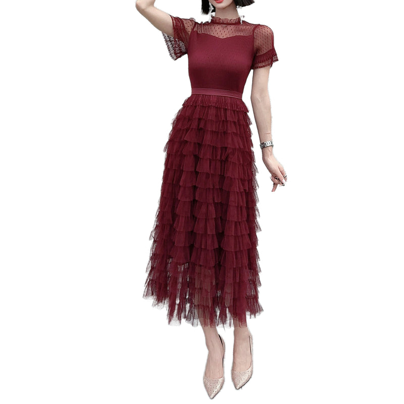 CM-DY004123 Women Retro European Style Round Neck Short Sleeve Cake Gauze Maxi Dress