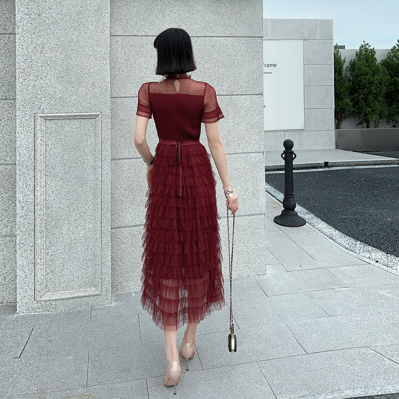 CM-DY004123 Women Retro European Style Round Neck Short Sleeve Cake Gauze Maxi Dress
