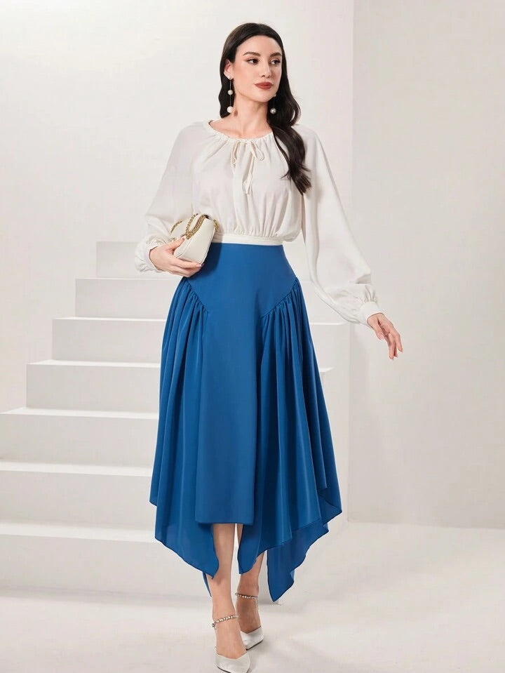 CM-BS168235 Women Elegant Seoul Style Solid Color Asymmetric Hem Skirt - Blue