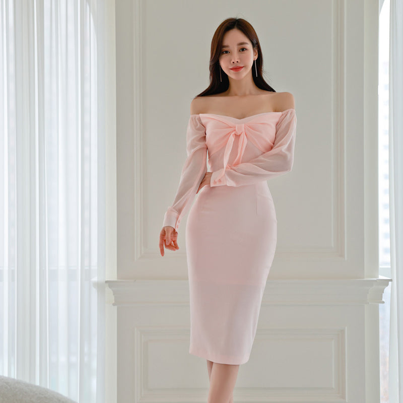 CM-DY005014 Women Elegant Seoul Style Off the Shoulder Long Sleeve Midi Dress - Pink