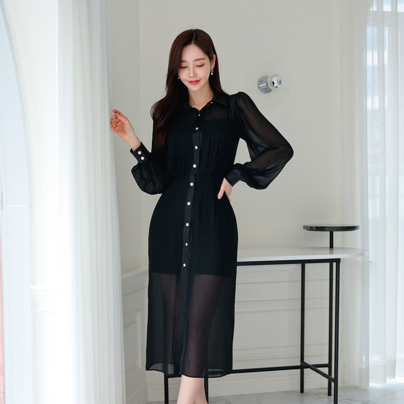 CM-DY005015 Women Elegant Seoul Style Chiffon Collar Neckline Long Sleeve Midi Dress - Black