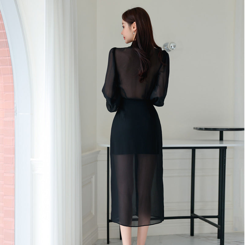 CM-DY005015 Women Elegant Seoul Style Chiffon Collar Neckline Long Sleeve Midi Dress - Black
