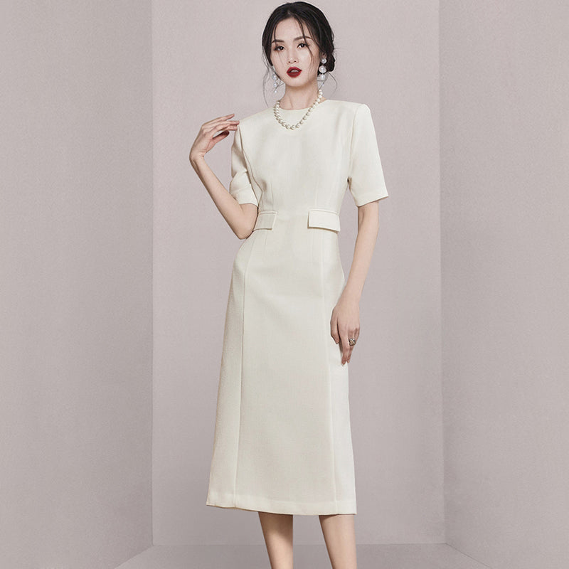 CM-DY005697 Women Elegant Seoul Style Round Neck Short Sleeve Slim Midi Dress - Beige