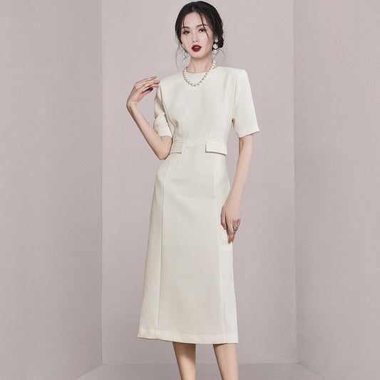 CM-DY005697 Women Elegant Seoul Style Round Neck Short Sleeve Slim Midi Dress - Beige