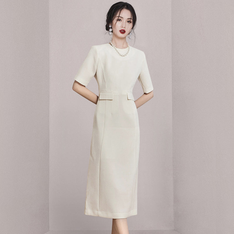 CM-DY005697 Women Elegant Seoul Style Round Neck Short Sleeve Slim Midi Dress - Beige