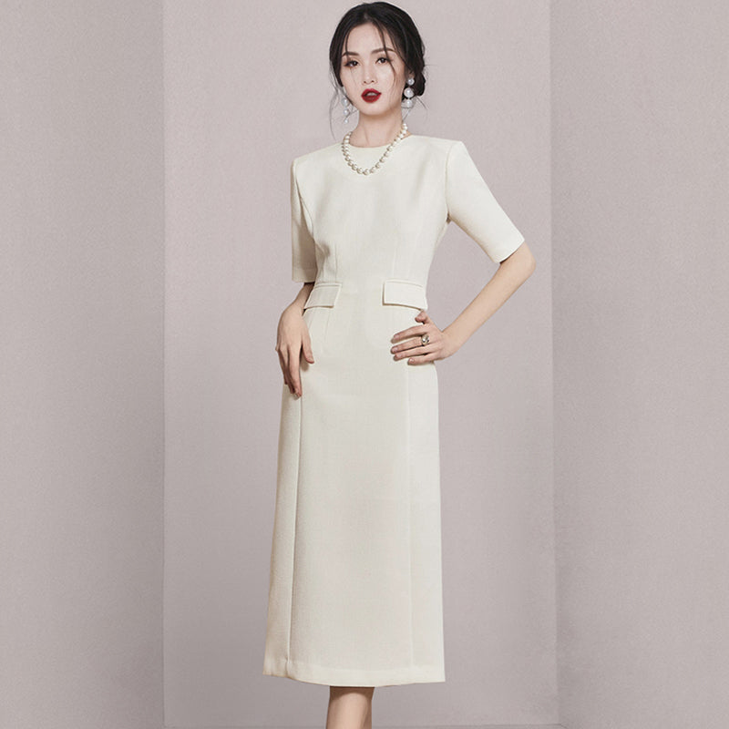 CM-DY005697 Women Elegant Seoul Style Round Neck Short Sleeve Slim Midi Dress - Beige