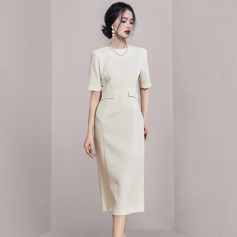 CM-DY005697 Women Elegant Seoul Style Round Neck Short Sleeve Slim Midi Dress - Beige
