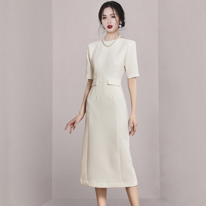 CM-DY005697 Women Elegant Seoul Style Round Neck Short Sleeve Slim Midi Dress - Beige