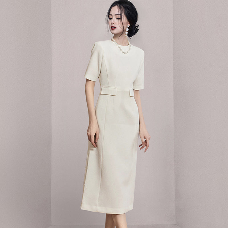 CM-DY005697 Women Elegant Seoul Style Round Neck Short Sleeve Slim Midi Dress - Beige