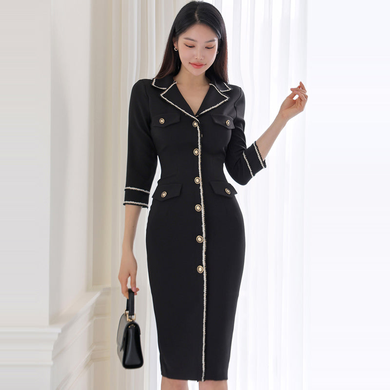 CM-DY005700 Women Casual Seoul Style Suit Collar 3/4 Sleeve Midi Dress - Black