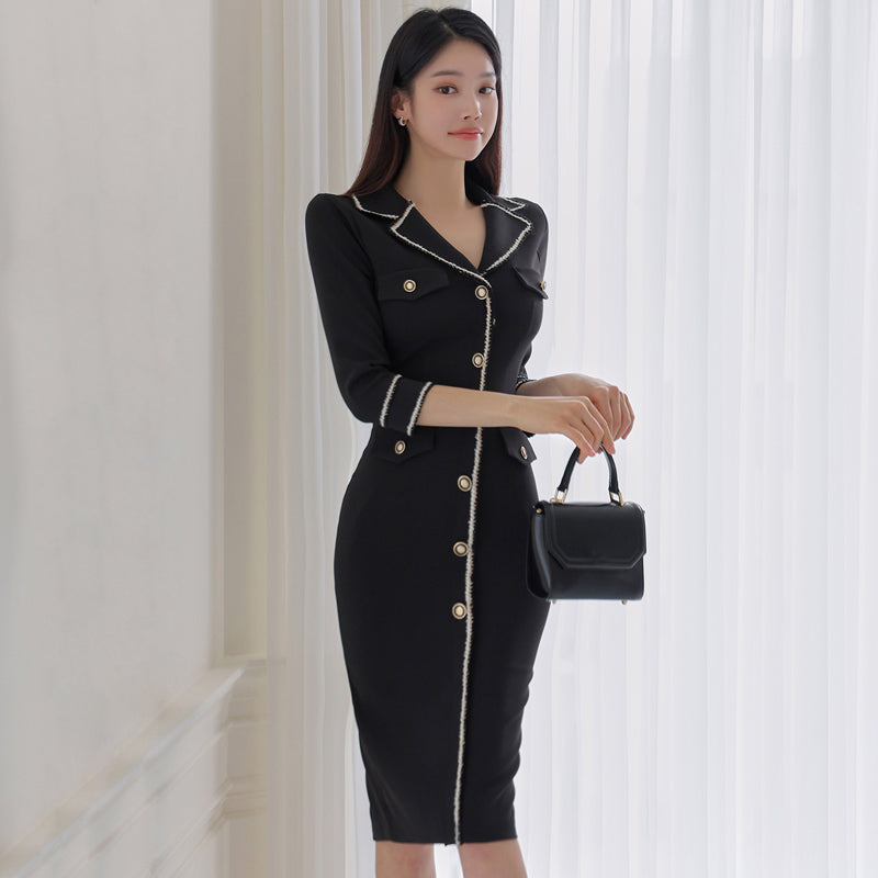 CM-DY005700 Women Casual Seoul Style Suit Collar 3/4 Sleeve Midi Dress - Black