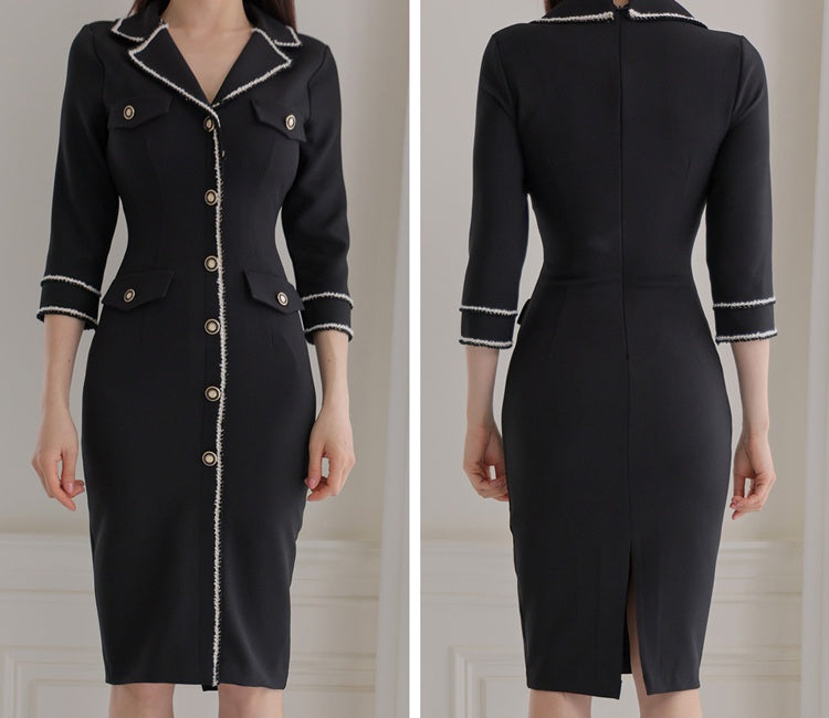 CM-DY005700 Women Casual Seoul Style Suit Collar 3/4 Sleeve Midi Dress - Black