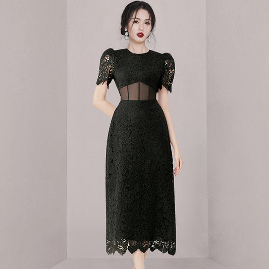 CM-DY005702 Women Elegant European Style Lace Round Neck Short Sleeve Mid Length Dress - Black