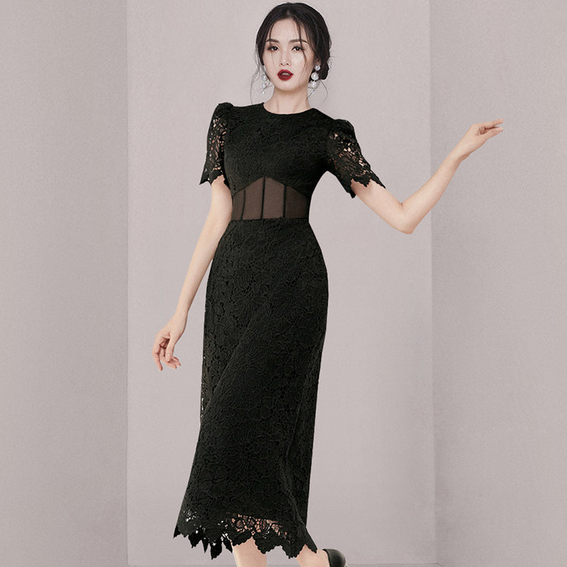 CM-DY005702 Women Elegant European Style Lace Round Neck Short Sleeve Mid Length Dress - Black