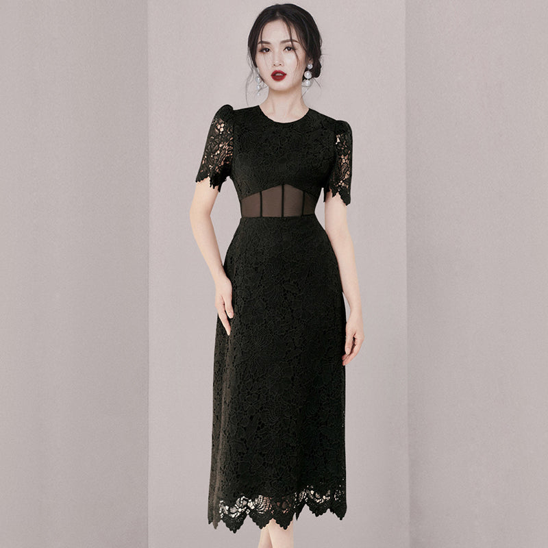 CM-DY005702 Women Elegant European Style Lace Round Neck Short Sleeve Mid Length Dress - Black