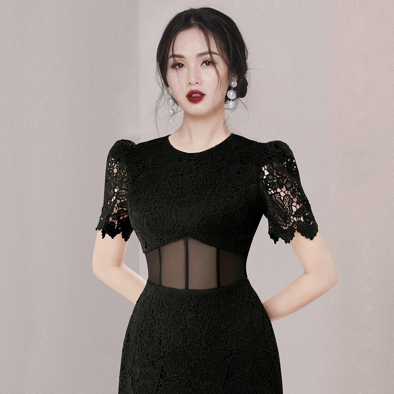 CM-DY005702 Women Elegant European Style Lace Round Neck Short Sleeve Mid Length Dress - Black