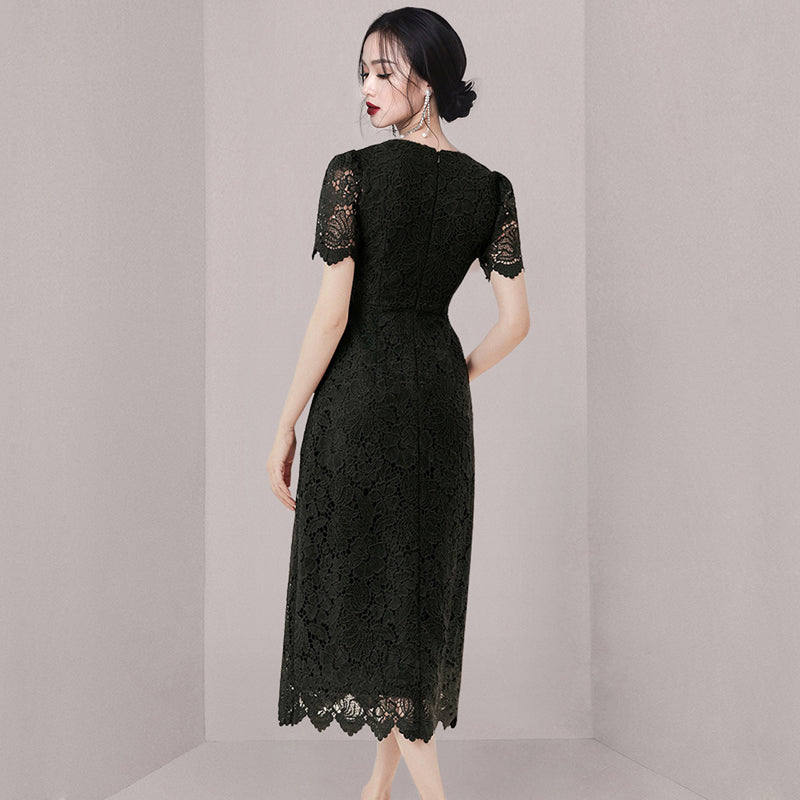 CM-DY005702 Women Elegant European Style Lace Round Neck Short Sleeve Mid Length Dress - Black