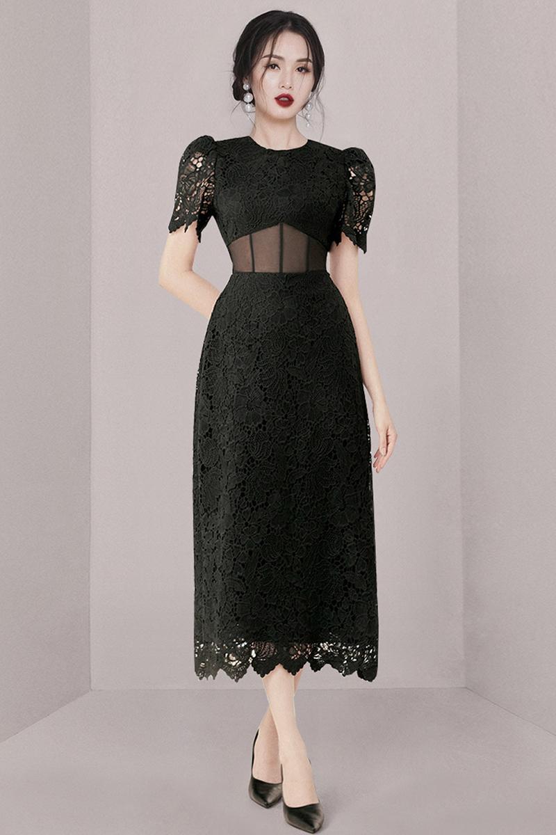 CM-DY005702 Women Elegant European Style Lace Round Neck Short Sleeve Mid Length Dress - Black