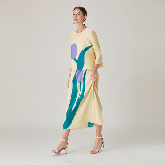 CM-SY005974 Women Elegant European Style Round Neck 3/4 Sleeve Blouse With Long Pleated Skirt - Set