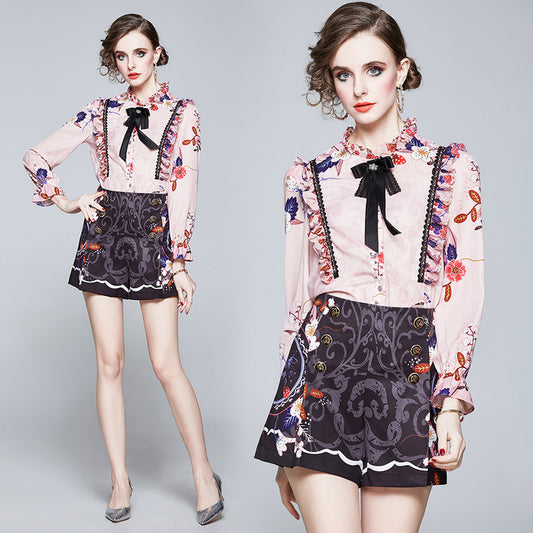 CM-SY005981 Women Elegant European Style Stand Collar Long Sleeve Top With High Waist Shorts - Set