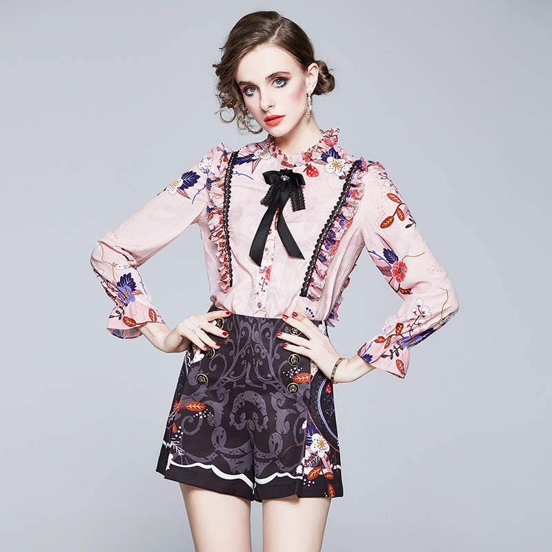 CM-SY005981 Women Elegant European Style Stand Collar Long Sleeve Top With High Waist Shorts - Set