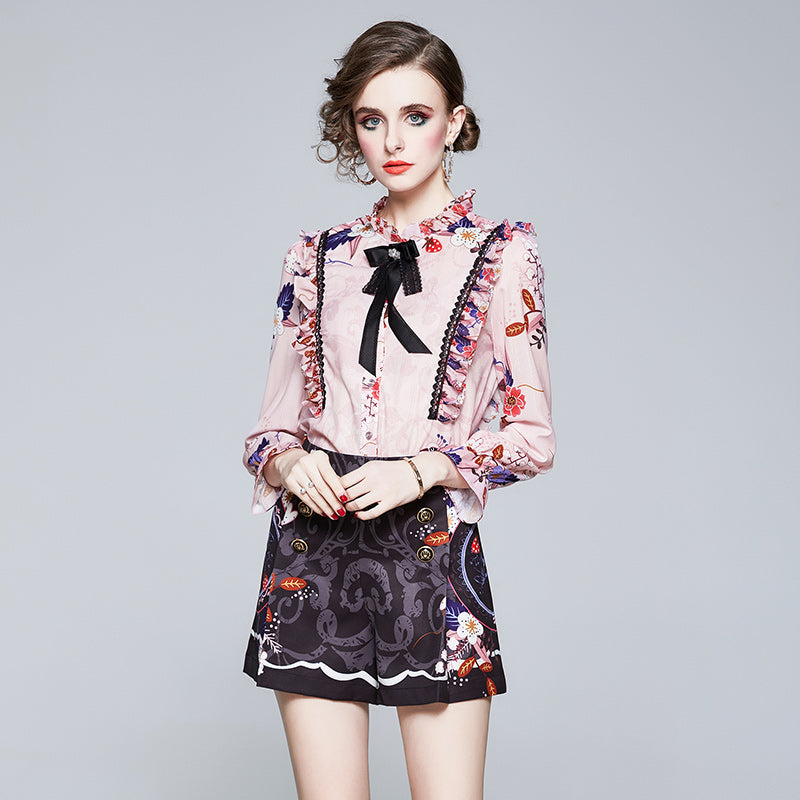 CM-SY005981 Women Elegant European Style Stand Collar Long Sleeve Top With High Waist Shorts - Set