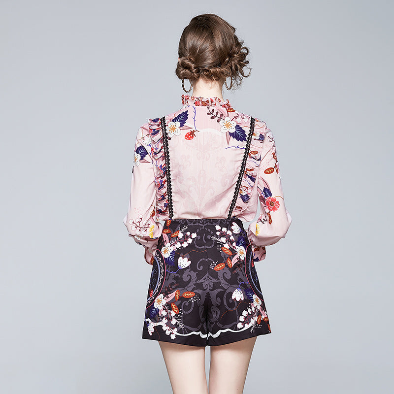 CM-SY005981 Women Elegant European Style Stand Collar Long Sleeve Top With High Waist Shorts - Set