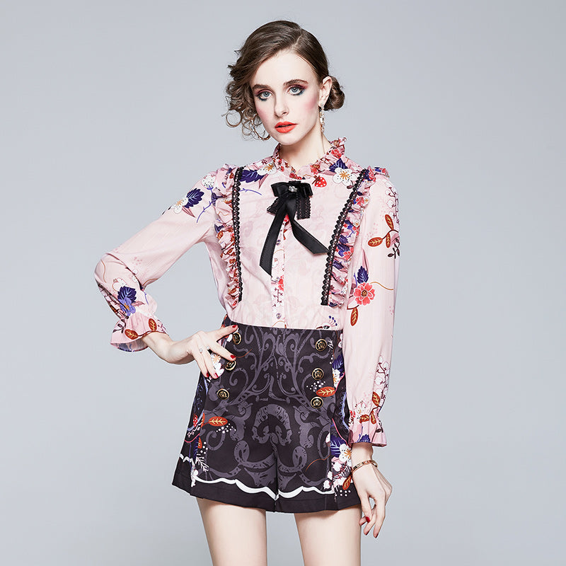 CM-SY005981 Women Elegant European Style Stand Collar Long Sleeve Top With High Waist Shorts - Set