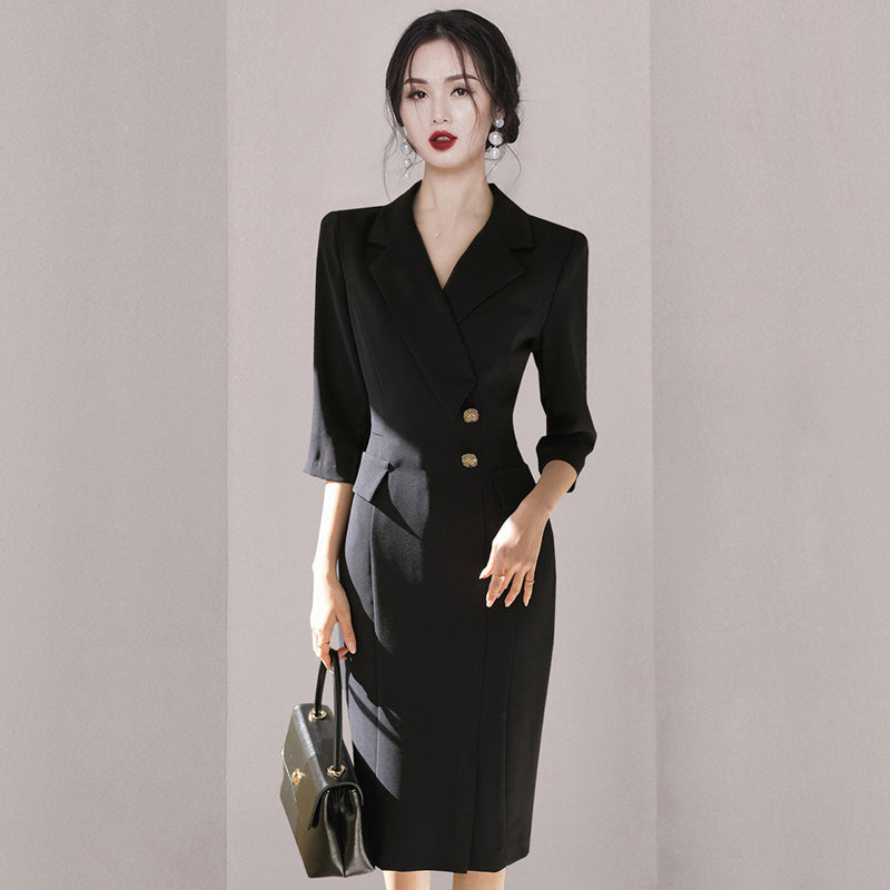 CM-DY006693 Women Elegant Seoul Style Suit Collar 3/4 Sleeve Midi Dress - Black
