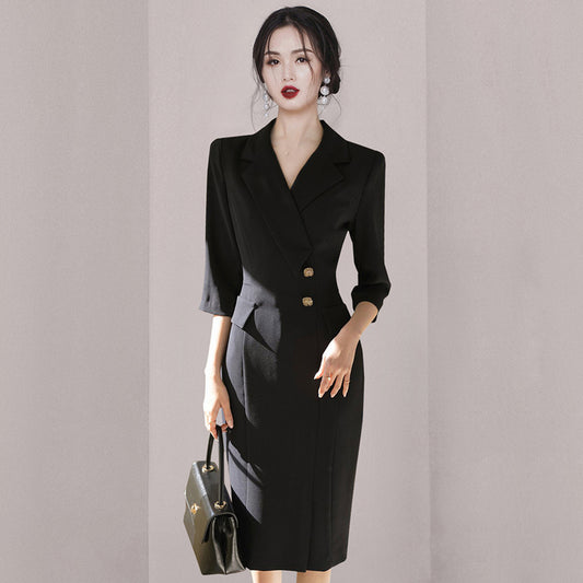 CM-DY006693 Women Elegant Seoul Style Suit Collar 3/4 Sleeve Midi Dress - Black
