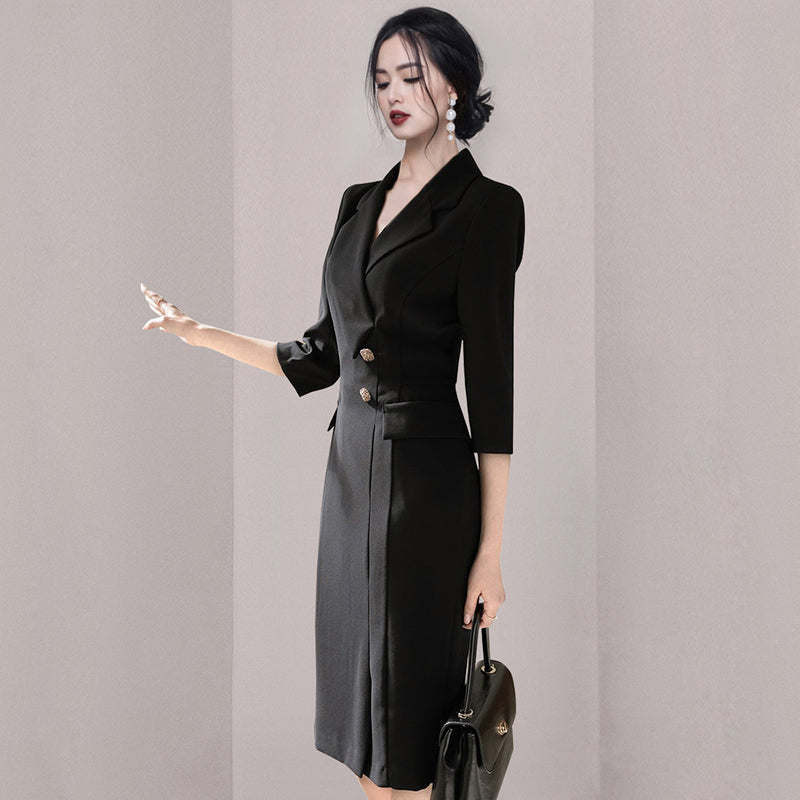 CM-DY006693 Women Elegant Seoul Style Suit Collar 3/4 Sleeve Midi Dress - Black